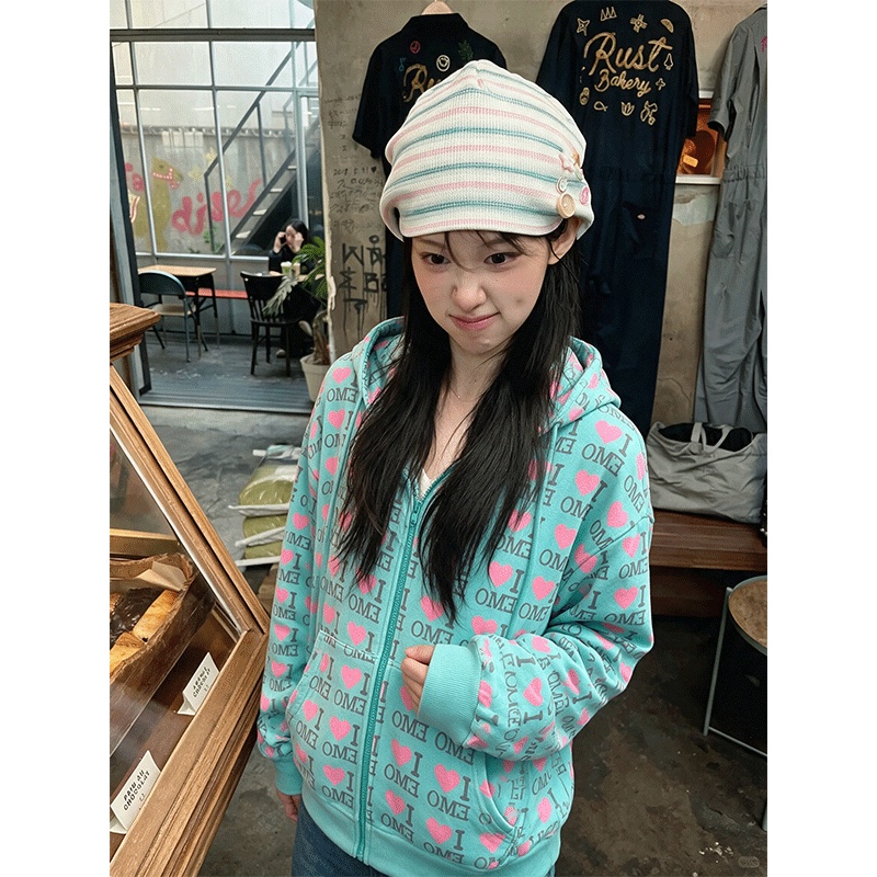 American Retro Mint Green Heart-Printed Hooded Sweatshirt for Women Autum 2026 New Loose Zipper Cardigan Jacket