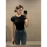 Ретро черная футболка с коротким рукавом, приталенный короткий корсет, в американском стиле, в обтяжку