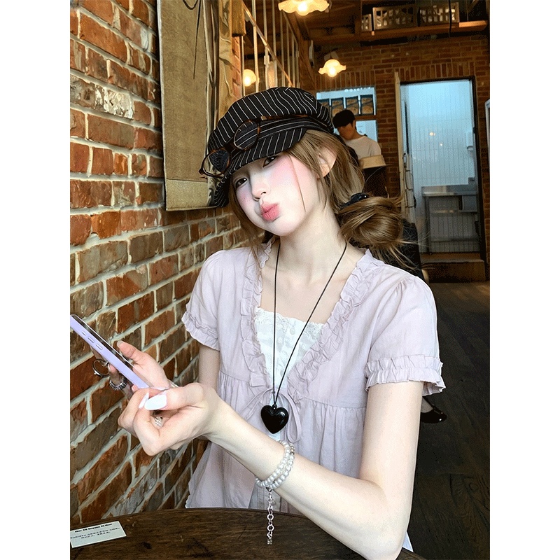 Korean Style Purple Fake Two-Piece Lace Patchwork Lace-Up Short-Sleeved Shirt for Women, Summer Sweet Style Loose Babydoll Top