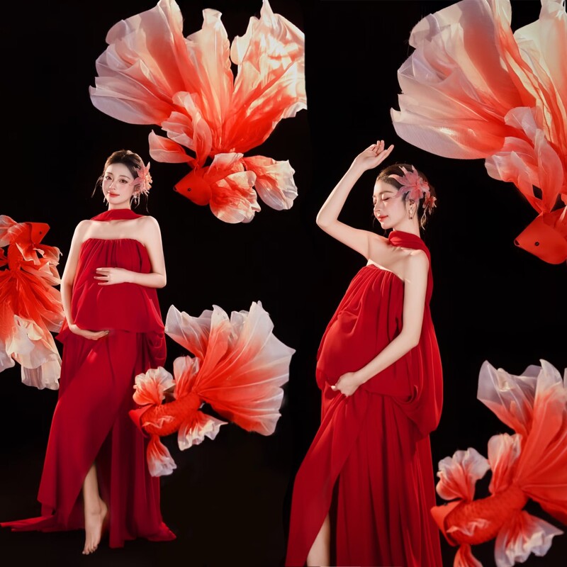 New Year Maternity Photoshoot Red Koi Theme Photography Outfit Festive Pregnant Mommy Belly Art Photo Shoot Dress