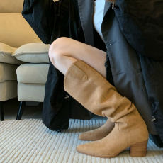 Западные Boots 牛皮版~复古西部牛仔靴女尖头可两穿v口褶皱堆堆靴显瘦粗跟骑士靴