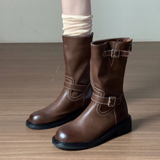 Западные Boots 美到心坎上！复古西部牛仔靴2023秋冬新款棕色圆头粗跟中筒骑士靴