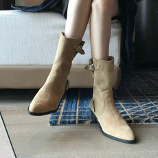 Западные Boots 好显瘦！复古西部牛仔靴2023新款卡其色尖头粗跟高级感炸街小短靴