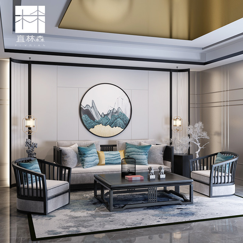 New Chinese Living Room Sofa Tea Table Composition Modern Zen Dell' Villa-like Villa Solid Wood Small Family