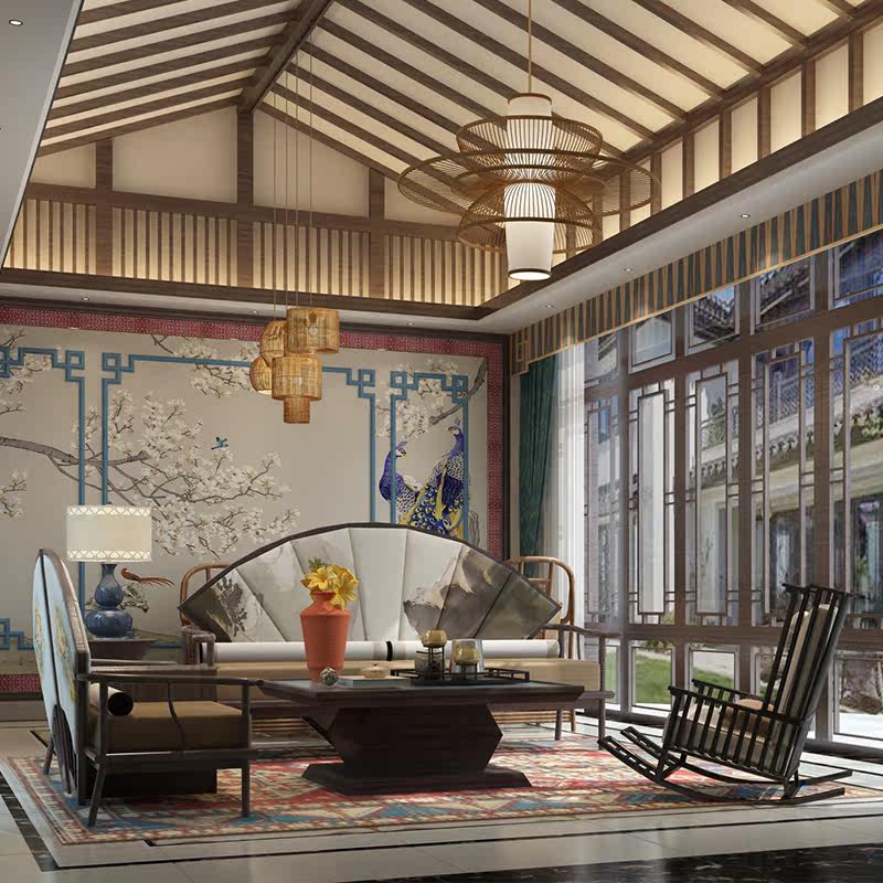 New Chinese sofa tea table combination vintage modern cloth art solid wood sector Classical Villa-like furniture Customized