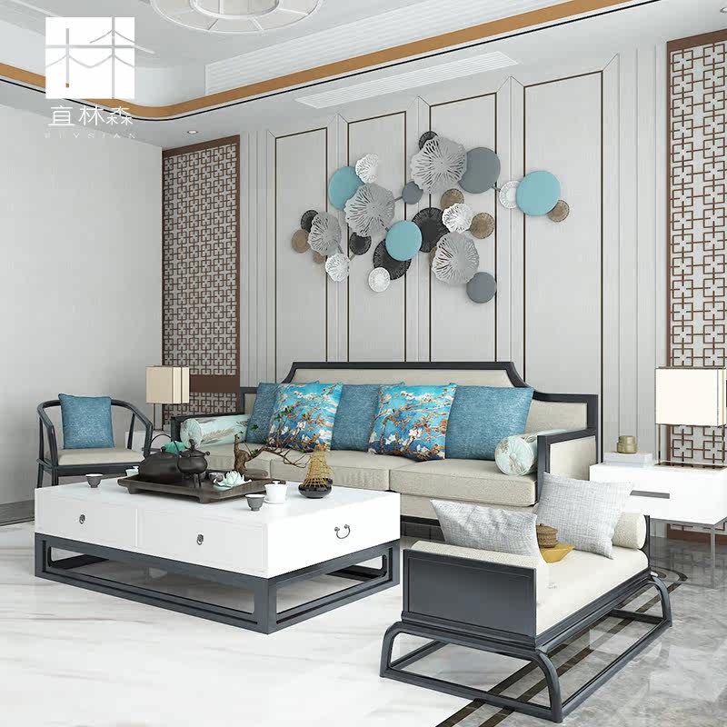 New Chinese Living Room Sofa Tea Table Combined Modern Zen Solid Wood Villa style Hotel clubhouse Customhouse innate