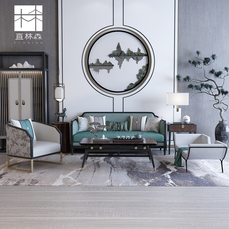 New Chinese sofa tea table combination small family style living room modern solid wood cloth art villa-like board room full of furniture