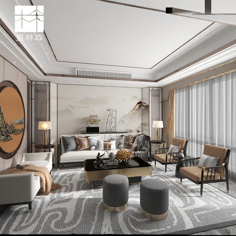 New Chinese solid wood sofa tea table combined modern minimalist living-room sample house clubhouse custom-made furniture