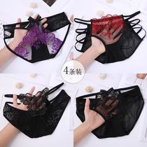  4 lace transparent panties cotton crotch low waist no trace black hot temptation girl ultra-thin sexy panties female