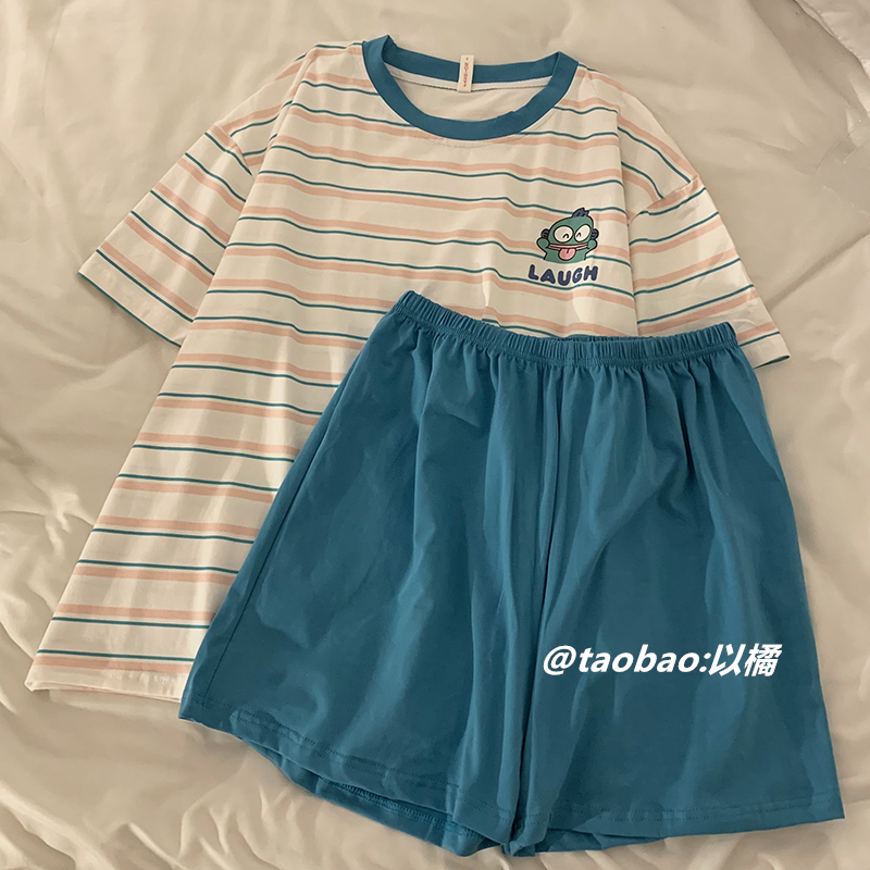 <!--ins日系小丑鱼睡衣女夏季短袖短裤条纹纯棉可外穿网红家居服套装-->