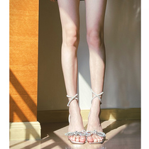 Bow Tie Strap ~ Design Sensation Small Crowdwater Drill Square Head Silver Fairy Wind Sandal Sandal Women 2021 New Fine Heel