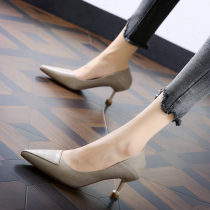 Black High heel shoe Soft leather Women without grinding feet slim heel 5cm custard with small fresh light mouth 100 lap single shoe 2022 spring