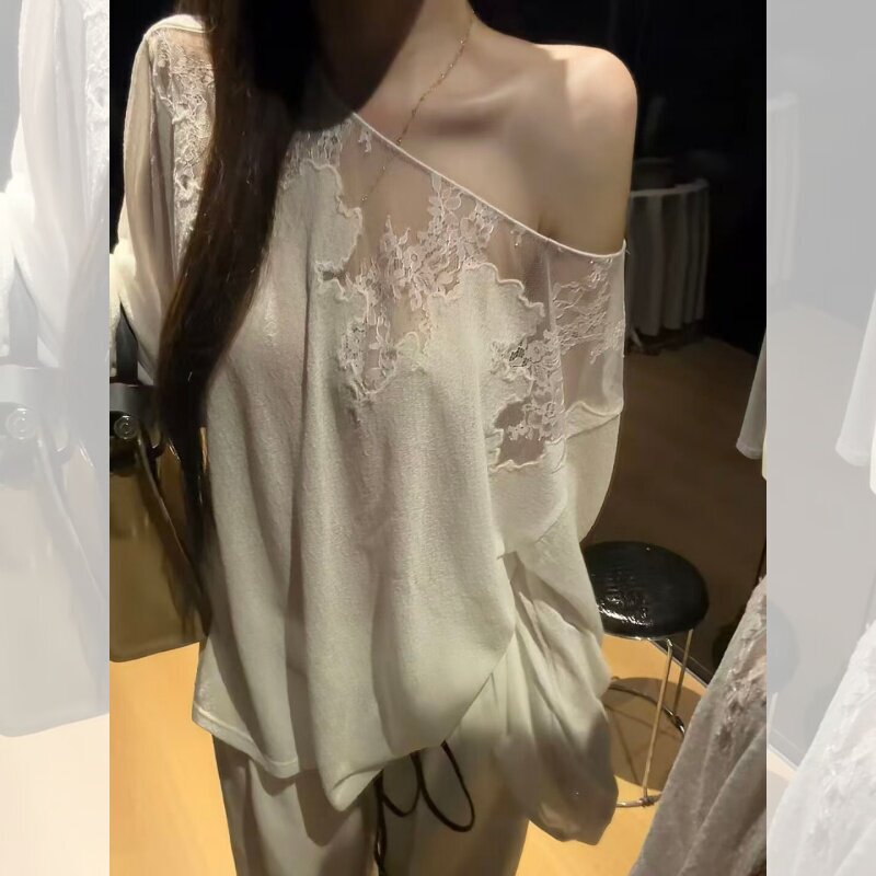[Secretary He] Lazy Style White Lace Patchwork Long-Sleeve T-Shirt for Women, Sheer Blouse, Sun Protection Top