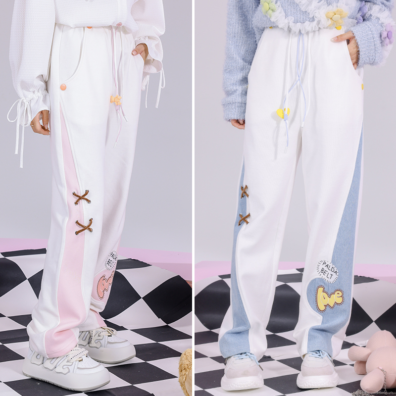 Spring and Autumn Girls' Embroidered Letter Eyelet String Patchwork Straight Casual Long Pants Sweatpants Joggers Pink/Denim Blue