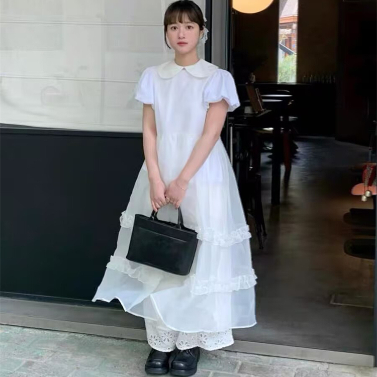 Japanese-Style White Doll Collar Sheer Short-Sleeve One-Piece Dress Summer Waist-Cinching Puffy See-Through Layered Blouse Dress