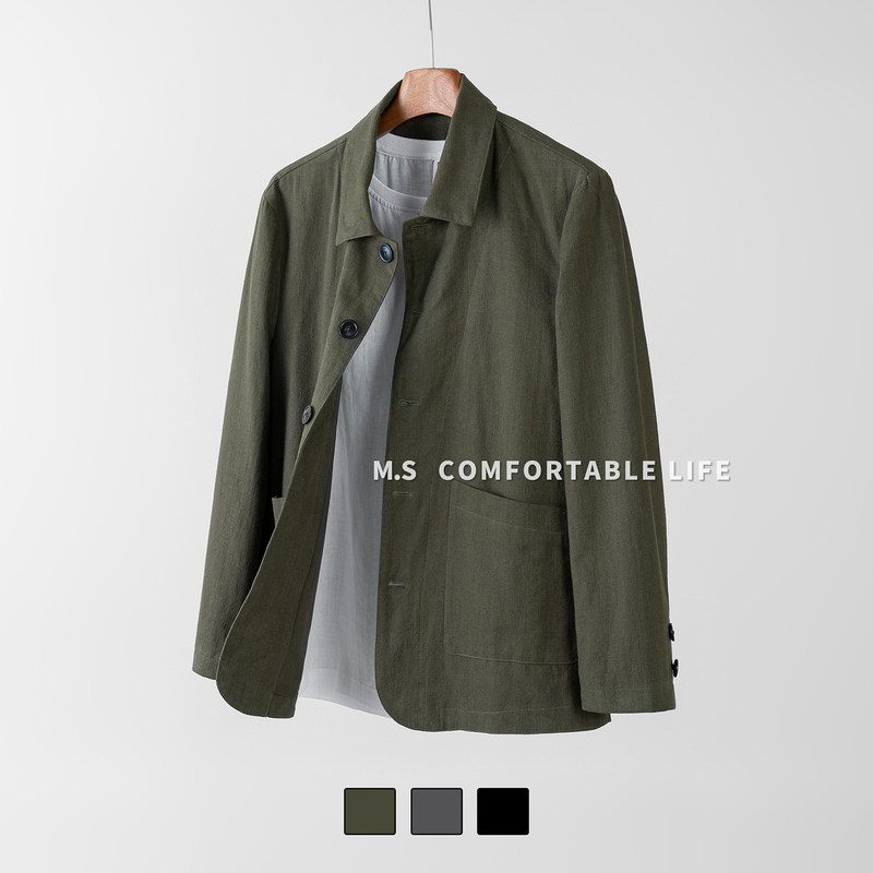 Mashang Life Cotton and Linen Autumn New Men's Jacket Loose Versatile Retro Casual Ramie Jacket with Turn-Down Collar
