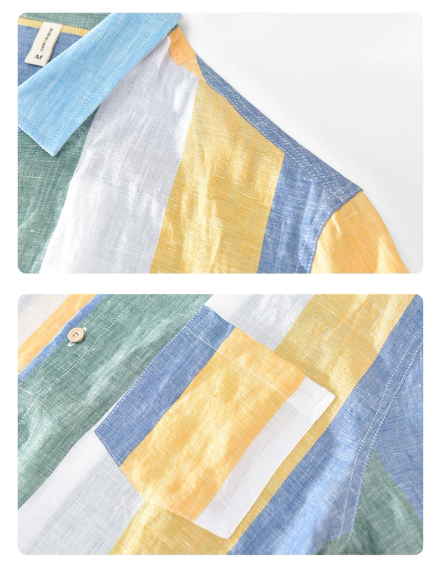 Màu sắc sọc cá tính phù hợp với áo sơ mi vải lanh nam ba phần tay mùa hè lỏng lẻo phần mỏng phong cách Hàn Quốc hợp thời trang áo sơ mi vải lanh đẹp trai - Áo