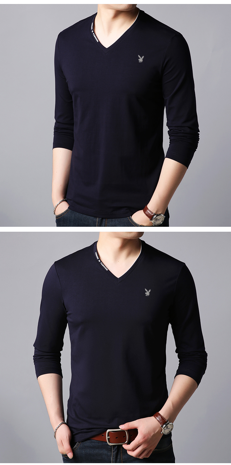 Áo thun nam Playboy tay dài cộng với nhung dày v-cổ v-cotton cotton Hàn Quốc xu hướng áo thun nam ấm áp áo ấm áo thun nam đẹp