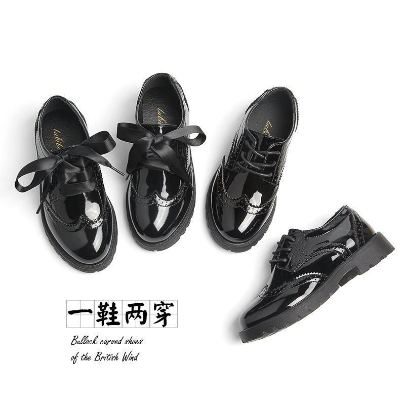 Boys and girls British style black bright leather shoes small flower girl children's dress single shoes kindergarten school performance shoes