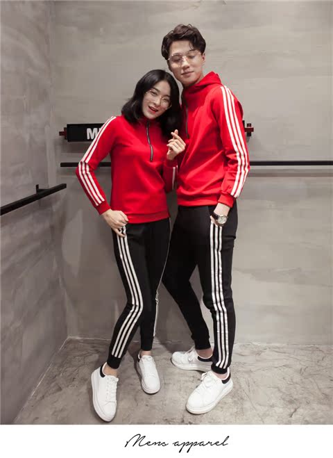 Các cặp đôi xuân hè 2019 mới mặc trang phục thể thao nam phù hợp với nữ phiên bản Hàn Quốc của áo len giản dị trùm đầu hai mảnh phù hợp với Slim - Thể thao sau bộ đồ the thao nữ adidas