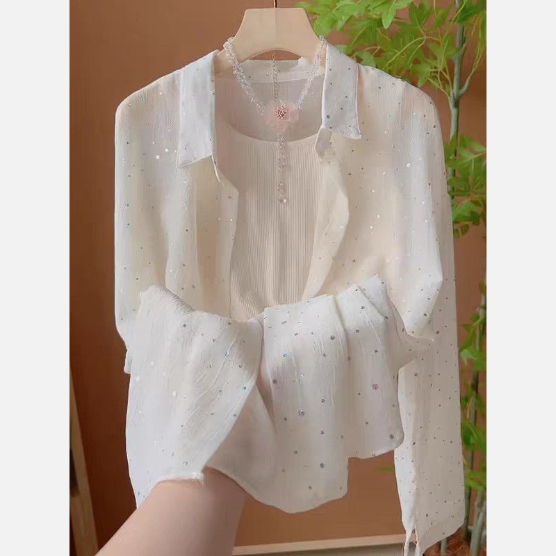 French-Style Sweet and Gentle Sequin Thin Sun-Protective Shirt for Women, Spring and Summer Casual Loose Versatile Layering Jacket Top