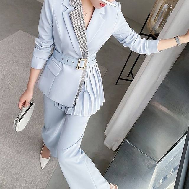 Complete set of autumn clothes with high-end Yujie's professional aura strong and capable temperament women's blue suit two-piece suit