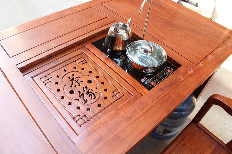Giả bàn ghế gỗ gụ nguyên khối cổ điển, bàn trà gỗ cẩm lai châu phi, bàn ghế nghệ thuật kết hợp trà, bàn trà tổng hợp Kung Fu - Bàn trà