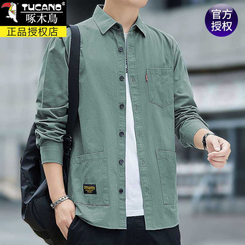 Authentic Woodpecker 100% Cotton Shirt Men's Long-Sleeved Pure Cotton Casual Shirt Workwear Jacket Trendy Spring and Autumn
