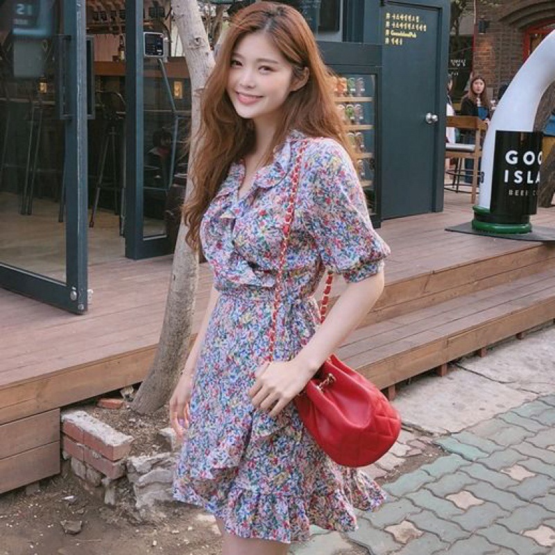 Spot party show South Korea spring and summer new temperament sister broken flower medium length irregular dress pearl cotton
