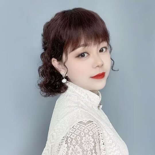 Wool curly wig for women with short hair, short curly hair, fashionable mother's real hair set, middle-aged and elderly middle-aged and long curly hair, artificial hair