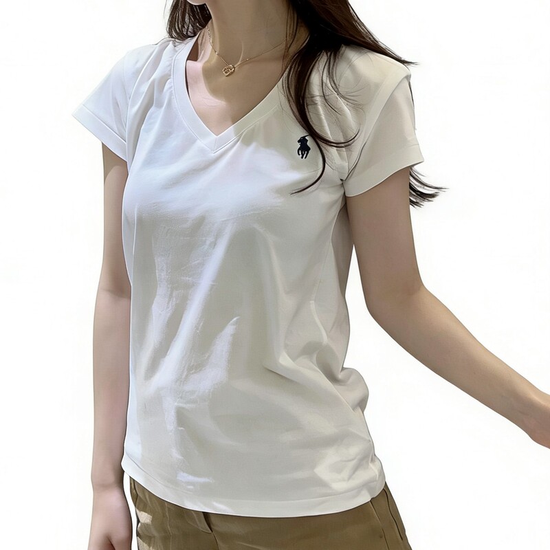 [Special Offer] Ralph Lauren Women's V-Neck Short Sleeve T-Shirt, Thin Pure Cotton, Casual, Versatile, Slimming