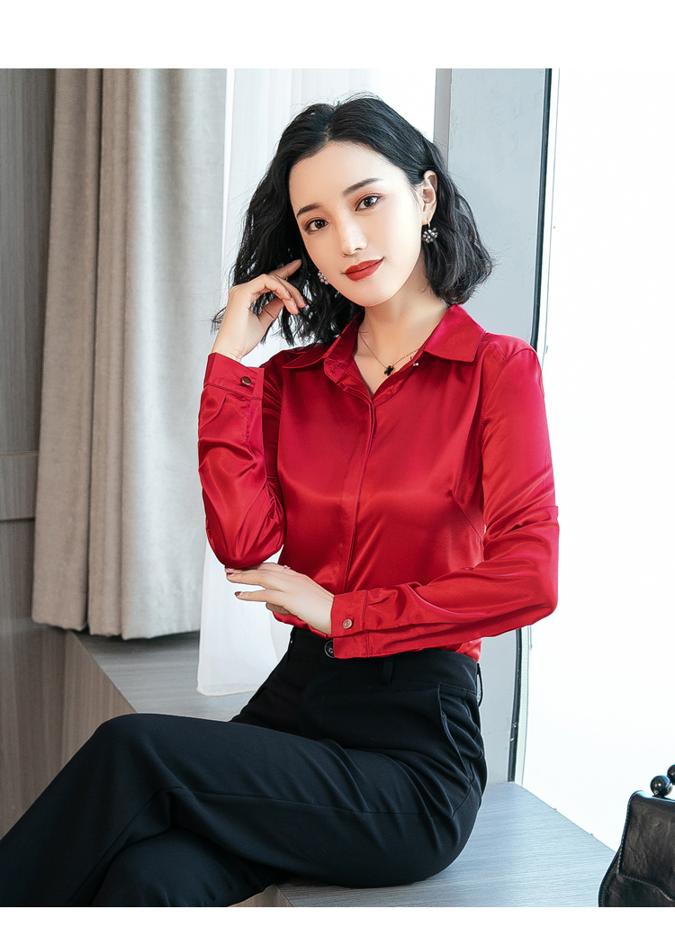 VK旗艦店 韓國風復古氣質淑女彈力緞面襯衫長袖上衣