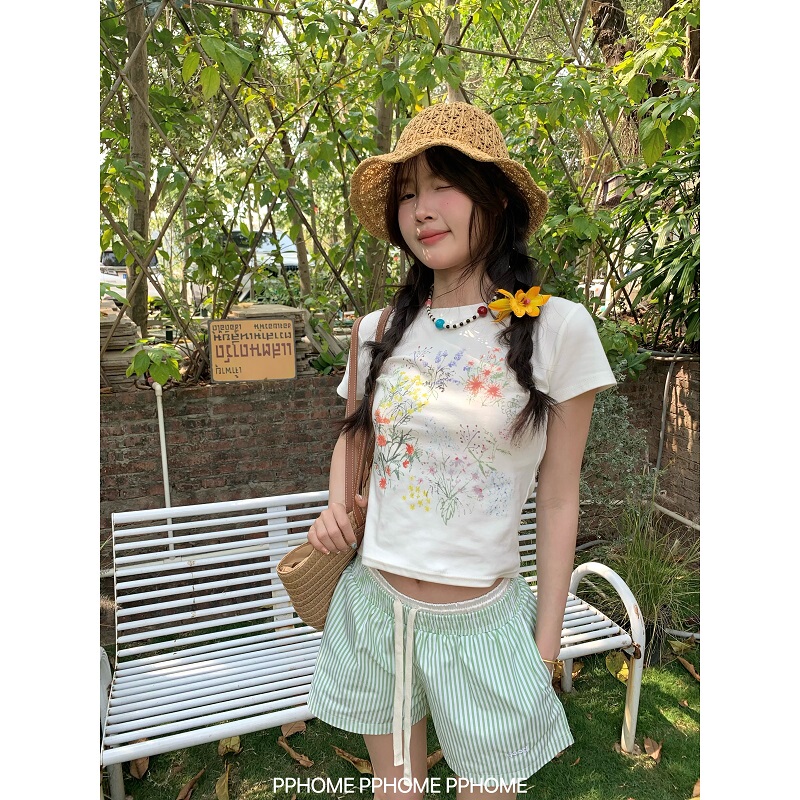 Pphome Homemade~Cute Summer Floral Fruit Print Cotton T-Shirt + Loose Wide-Leg Striped Shorts Set