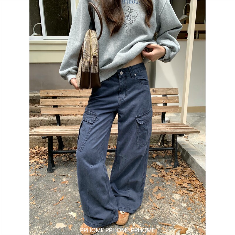 Pphome Homemade~French Blue Denim! Super Heavy-Duty Blue-Gray Denim Pocket Work Pants Casual Long Pants Pphome Homemade~French Blue Denim! Super Heavy-Duty Blue-Gray Denim Pocket Work Pants Casual Long Pants