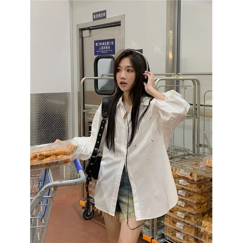 Однотонный летний синий лонгслив для отдыха, рубашка, оверсайз, защита от солнца