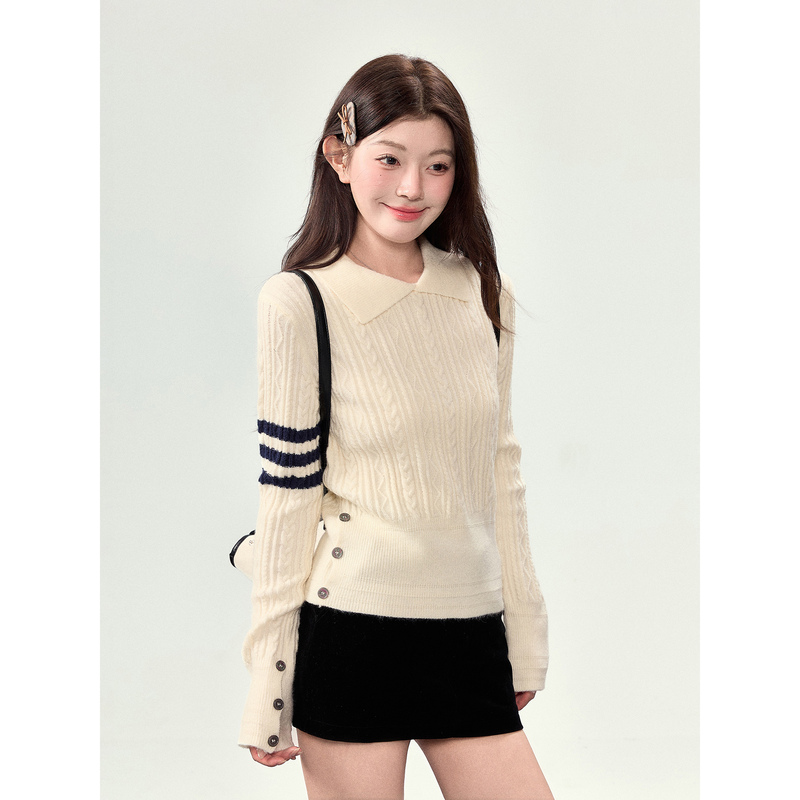 Bbt Sweety Lapel Knitted Sweater Women's Top 2026 New Autumn Twist Pullover Preppy Style Sweater