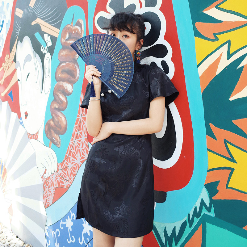 Yellow Pussy Classmates Original Dark Wind Dragon Tattooed Daily Black Qipao National Tide Dress Young young girl