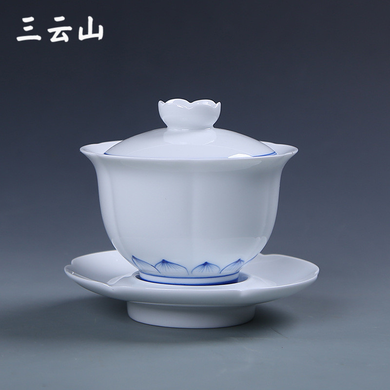 Hand-painted lotus blue and white porcelain bowl teacup handmade retro white porcelain kung fu tea set tea bowl three talents large tea bowl