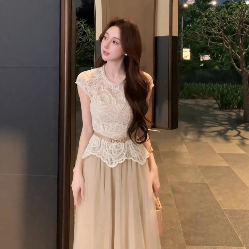 High-End Quality, Elegant, Slim-Fitting Lace Top and Mesh Skirt Holiday-Style Two-Piece Women's Set, 2026 Summer New Style