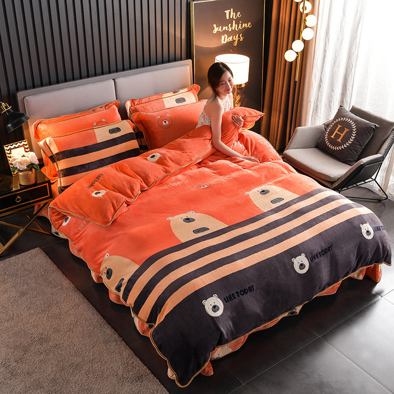 Winter warm-preserved Feret Coral Velvet Four-Piece Double-sided Handle-thickened Bed by Flavour Bed