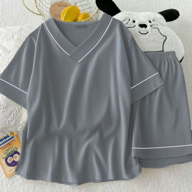 Pure Cotton Summer Men's Pajamas V Neck Can Be Worn Outside Cloud Cotton Thin Style Boys Short-Sleeved Shorts Home Clothes Two-Piece Set