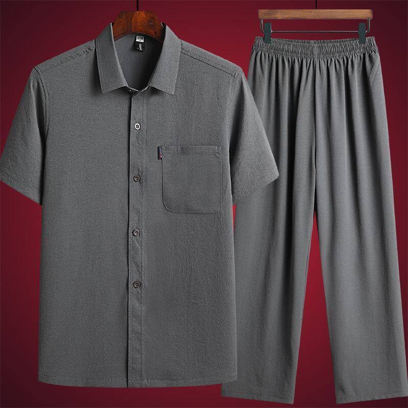 Dad Summer Short Sleeve Shirt Man Middle-aged Seniors Casual Cotton Linen Shirt Suit Grandpa Loose Ice Silk Cotton Blouse