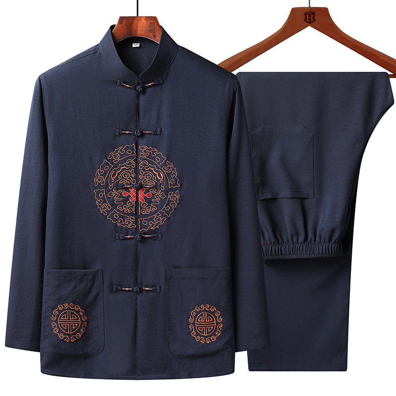 Middle-aged and elderly Tang costume men's suit dad dress long sleeve cotton hemp Chinoiserie coat old man grandpa birthday clothes