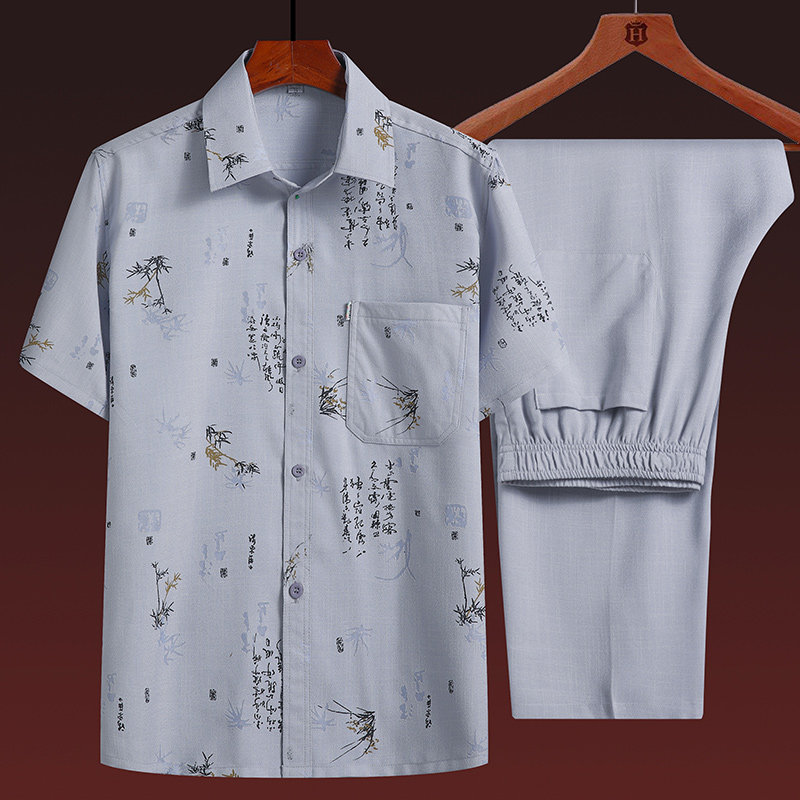 Middle-aged and elderly men's cotton and linen short-sleeved shirt dad's summer suit suit elderly grandpa's 70-year-old thin clothes