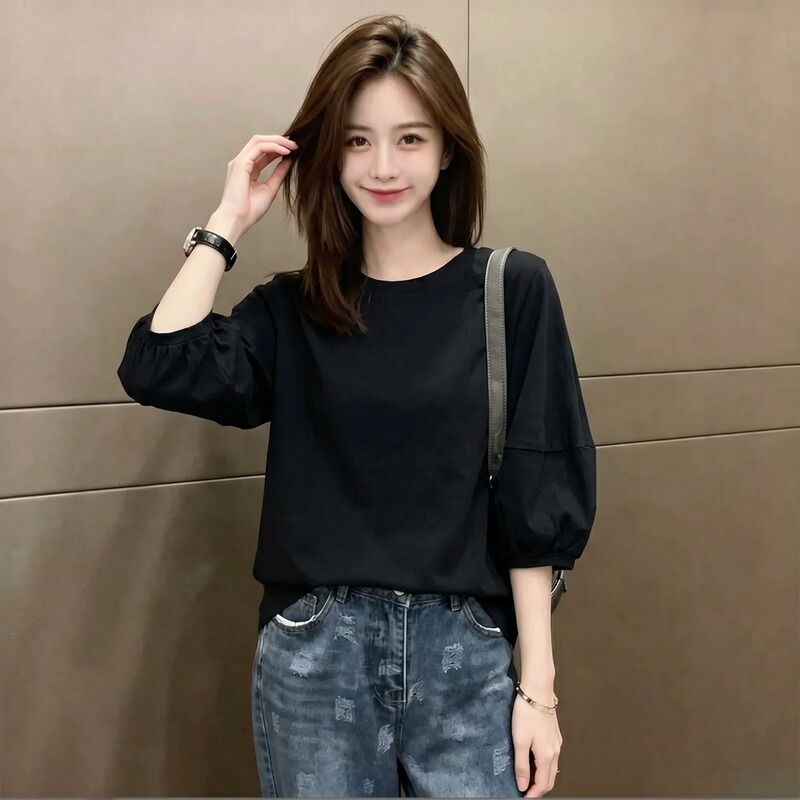 Black Pure Cotton Round Neck Three-Quarter Sleeve T-Shirt for Women, New Summer Style, Loose, Fashionable, Versatile, Slimming Lantern Sleeve Top
