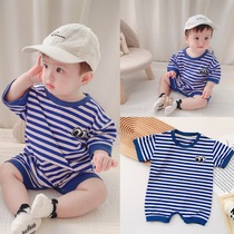 Net red baby short sleeve jumpsuit summer wear thin cotton crawling clothes baby Foreign-striped newborn bag jacket suit