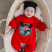 Baby Baiyear clothes winter clothes plus suede New Year clothing baby red clothes newborn conjoined Chinese wind clothes foreign air