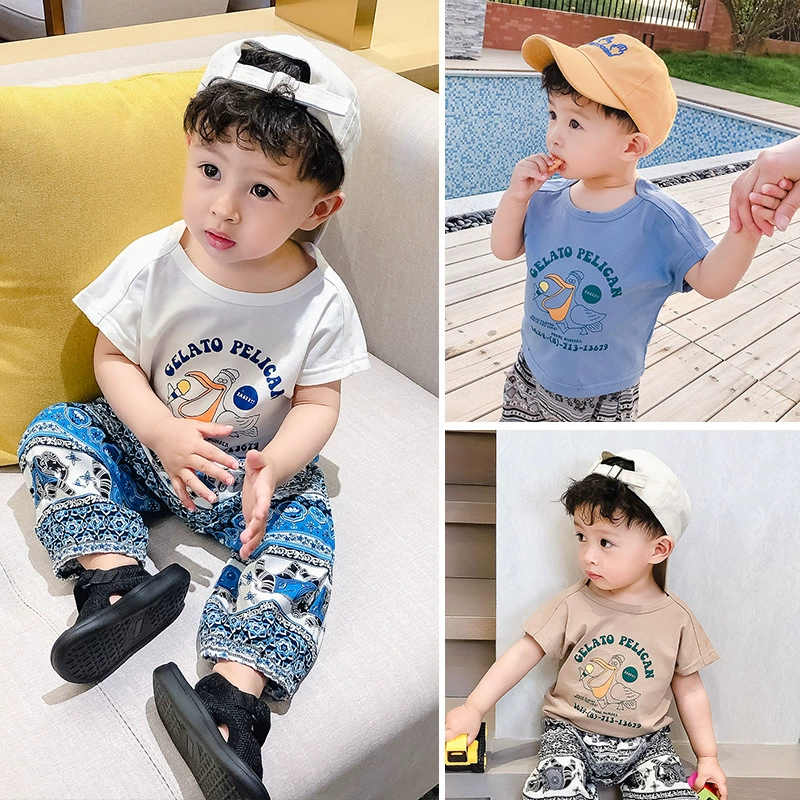 Áo thun trẻ em mùa hè ngắn tay bé trai nửa đầu cotton cổ tròn phong cách phương Tây mùa hè mỏng phần quần áo trẻ em 0-4 tuổi - Áo thun