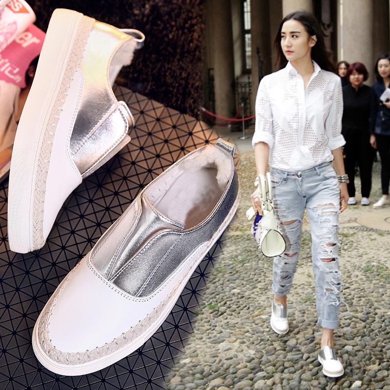 Tide Card Stars Same Small White Shoes Genuine Leather Women Shoes Flat Bottom Casual Thick Bottom Lefu Shoes A Foot foot Lazy Shoes Single Shoes