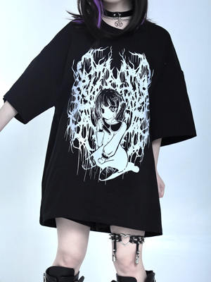 ITAMI original dark subculture mass-produced girl black and white pure cotton loose short-sleeved, niche Chinese trend gothic